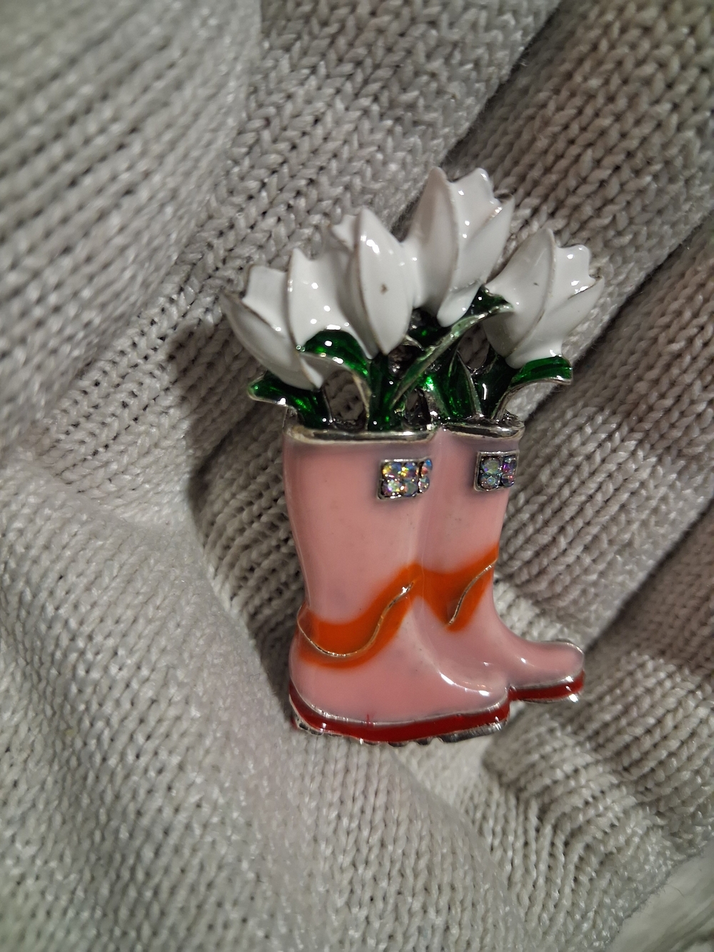 Pink Enamel Rain Boot Brooch with White Flower Bouquet